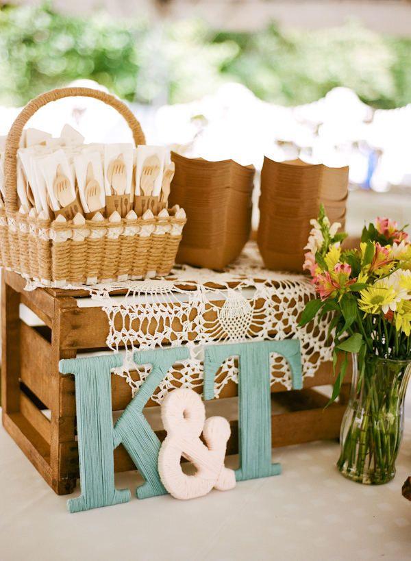 rustic wooden box and mint monogram wedding decor