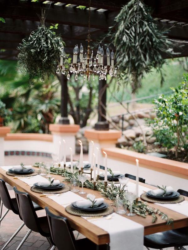 vintage outdoor green and candles wedding table decor