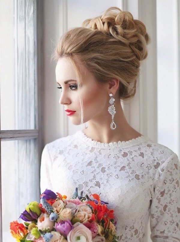 wedding top bun updo hairstyle for brides