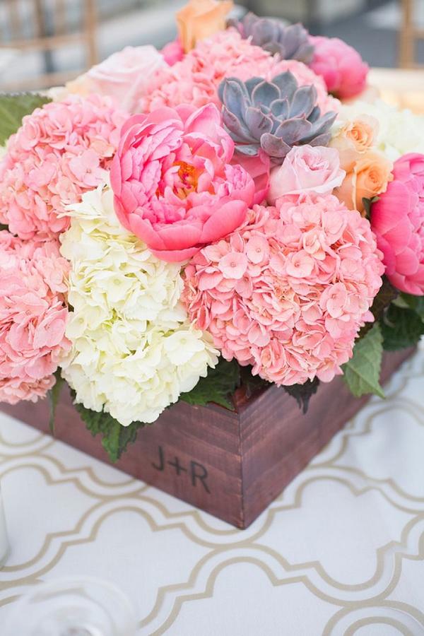 white, gray, peach pink flowers wedding centerpiece