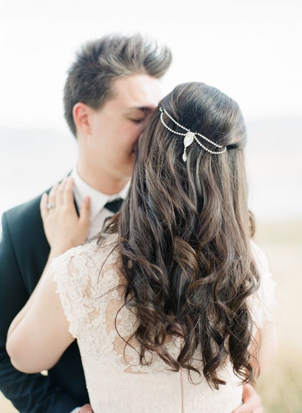 Boho down long wedding bridal hairstyle with hairpiece