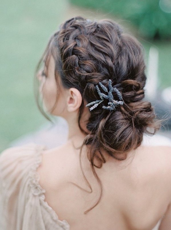 braided updo wedding hairstyle with lavender