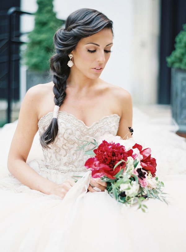 braided wedding hairstyle and strapless wedding dress