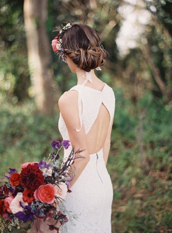chignon wedding updo hairstyle with flower crown