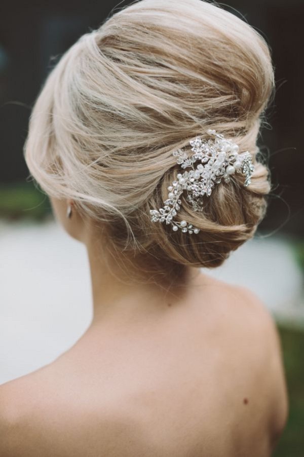elegant wedding updo hairstyle with pearl headpiece