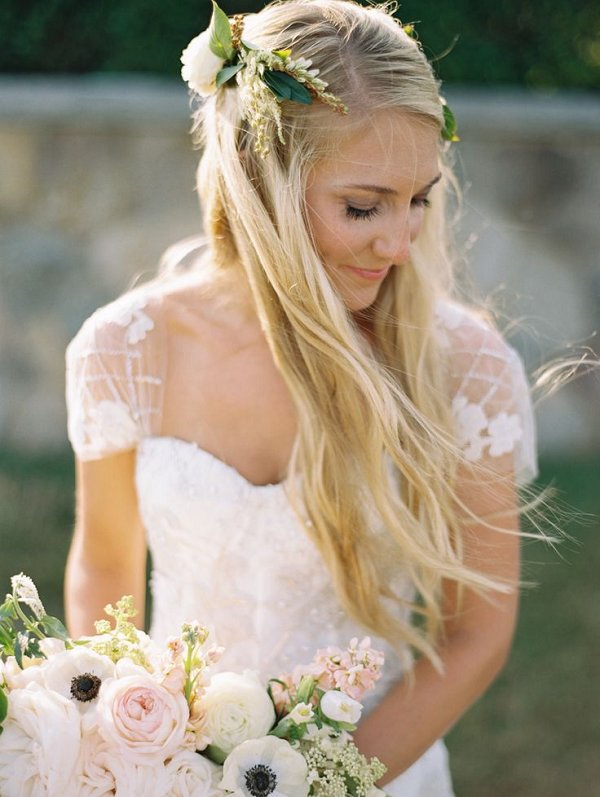 half up half down wedding hairtstyle with white flowers