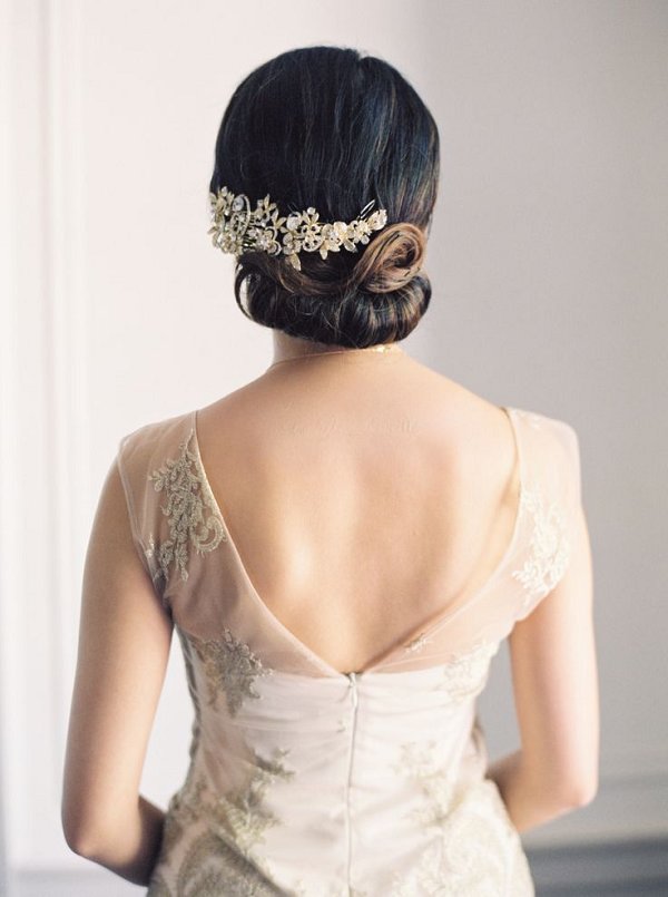 simple low chic wedding chignon hairstyle with headpiece