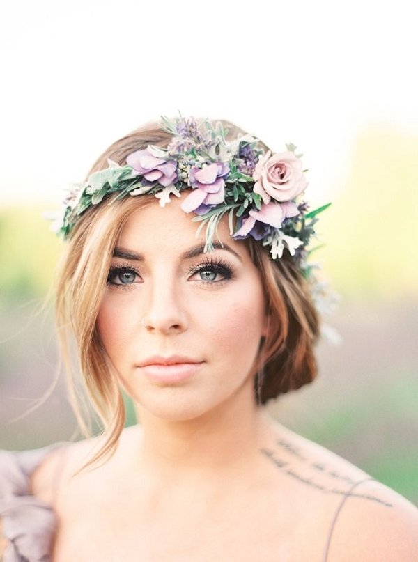 Simple wedding hairstyle with lavender floral crown  Deer 