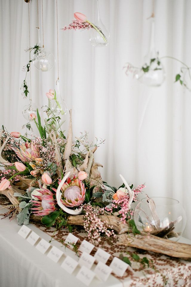 Antlers and king protea rustic wedding table deor