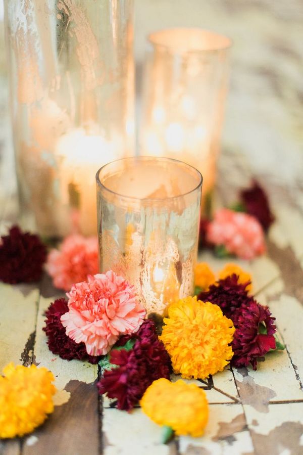 Carnations and candles wedding ceremony decor idea
