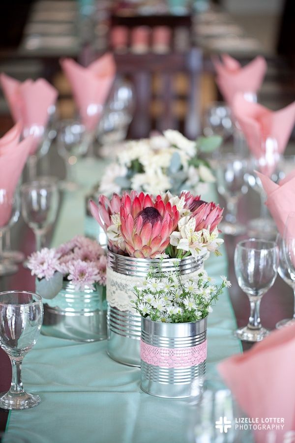 King Protea and tin-can country wedding centerpiece