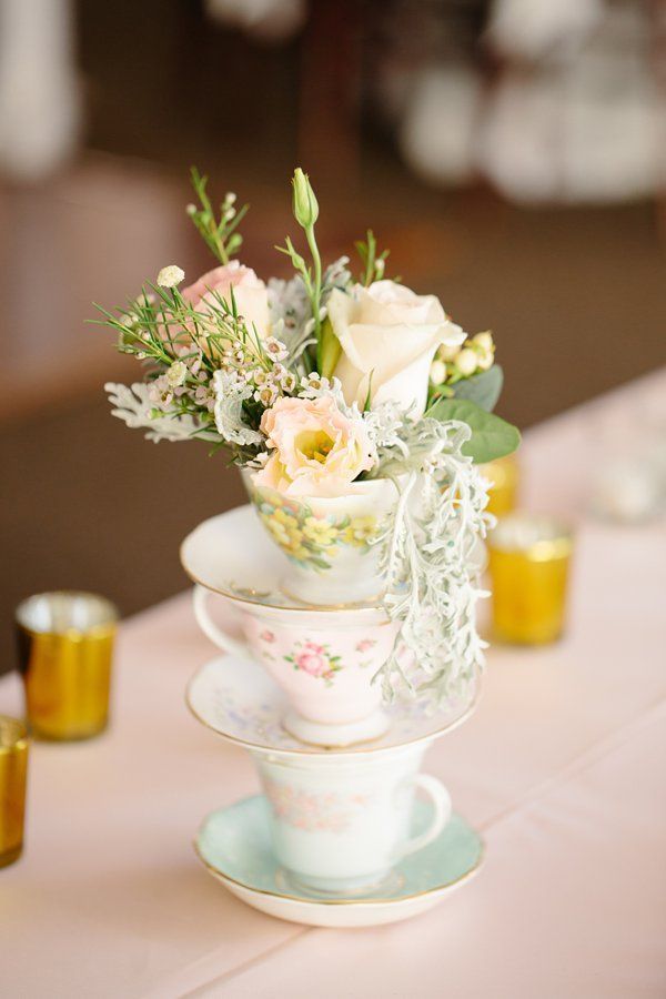 Shabby chic vintage tea cup wedding centerpiece idea