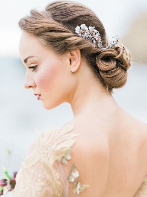 grecian wedding updo hairstyle with headpiece