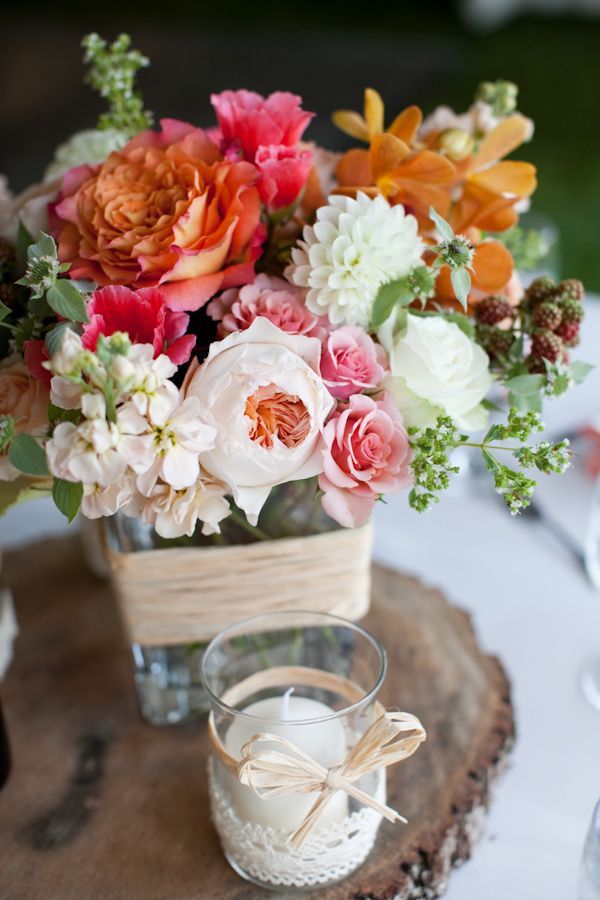pink, peach and rose wedding florals rustic wedding centerpiece