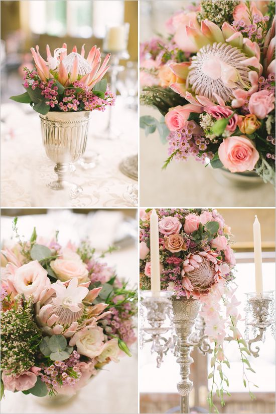 pink protea wedding bouquets and floral arrangements