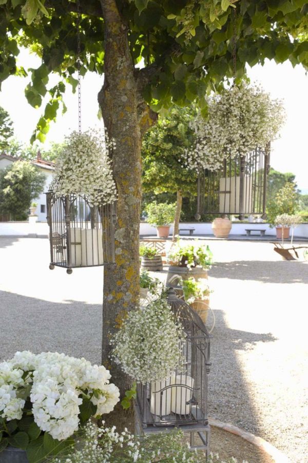 rustic birdcages and baby's breath wedding decor