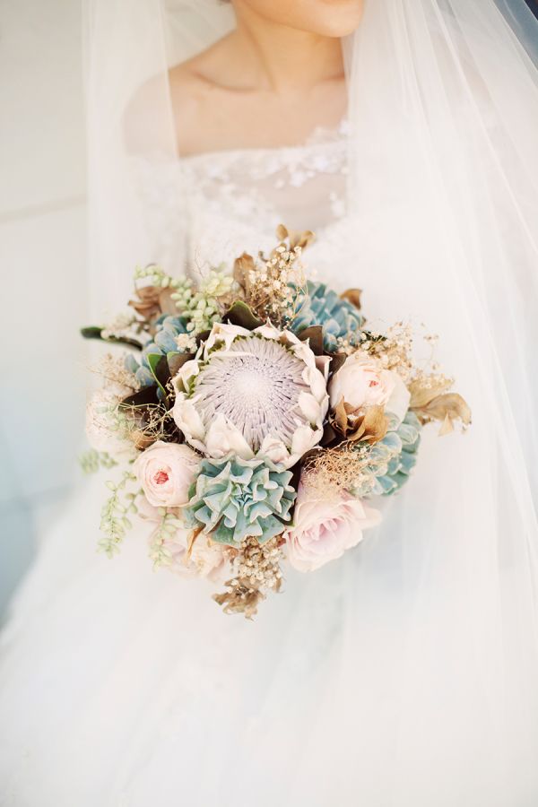 rustic protea succulent wedding bouquet