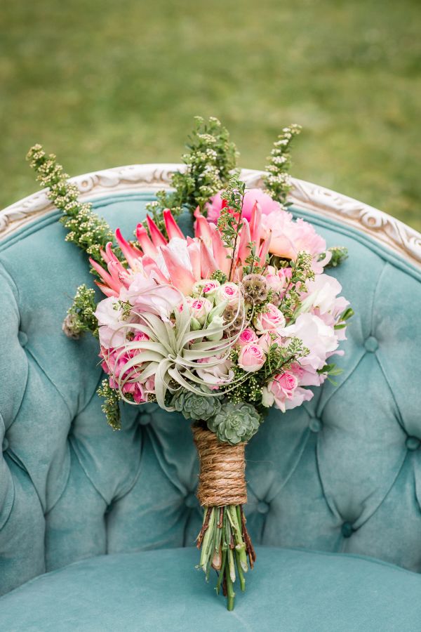 rustic succulent and pink protea wedding bouquet