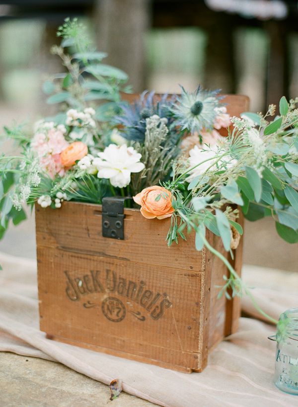 wooden box with florals as rustic centerpiece