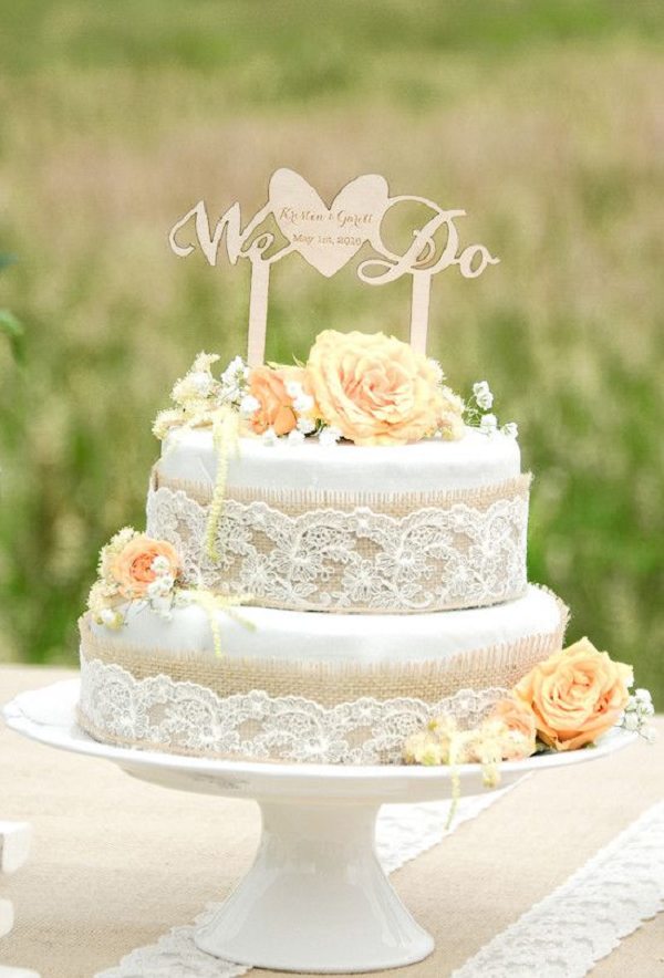 Burlap and lace wedding cake idea with ‘We Do’ topper from For Love Polka Dots