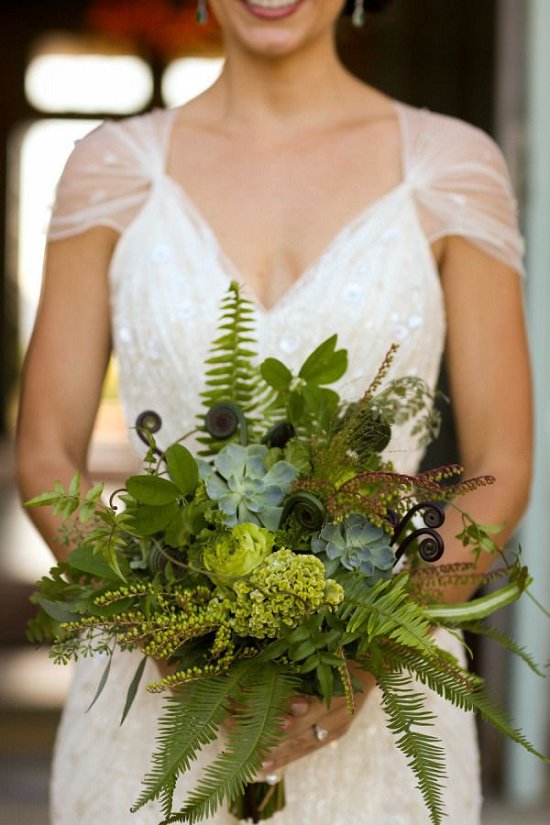Purple fiddlehead ferns and leaves wedding bouquet