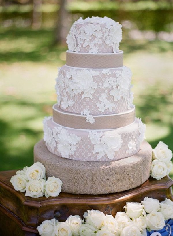 Rustic country lace and burlap wedding cake