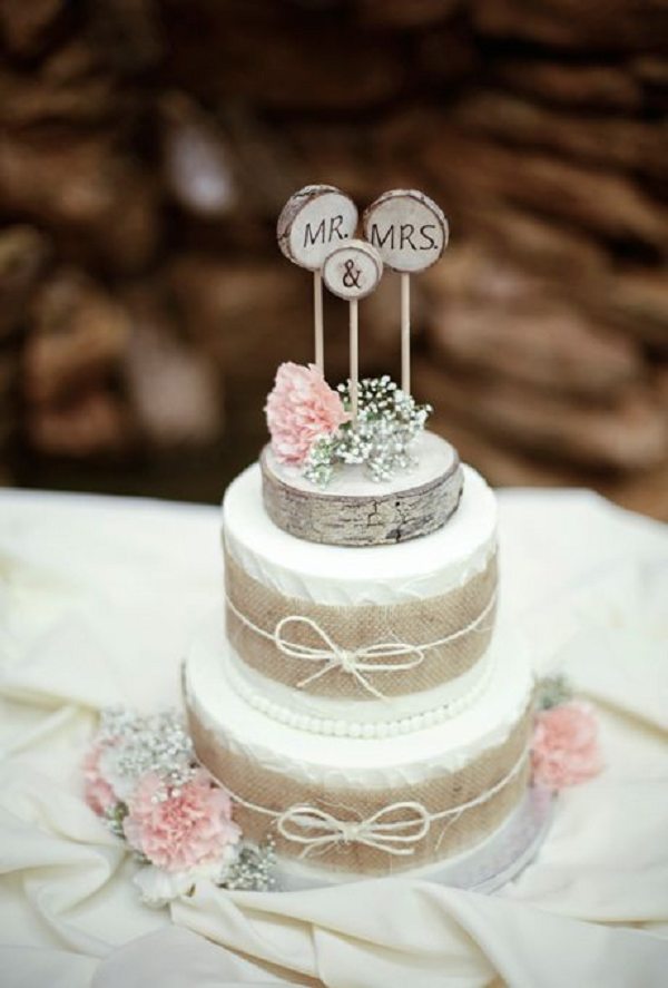 Two-Tiered Wedding Cake with Burlap Ribbon