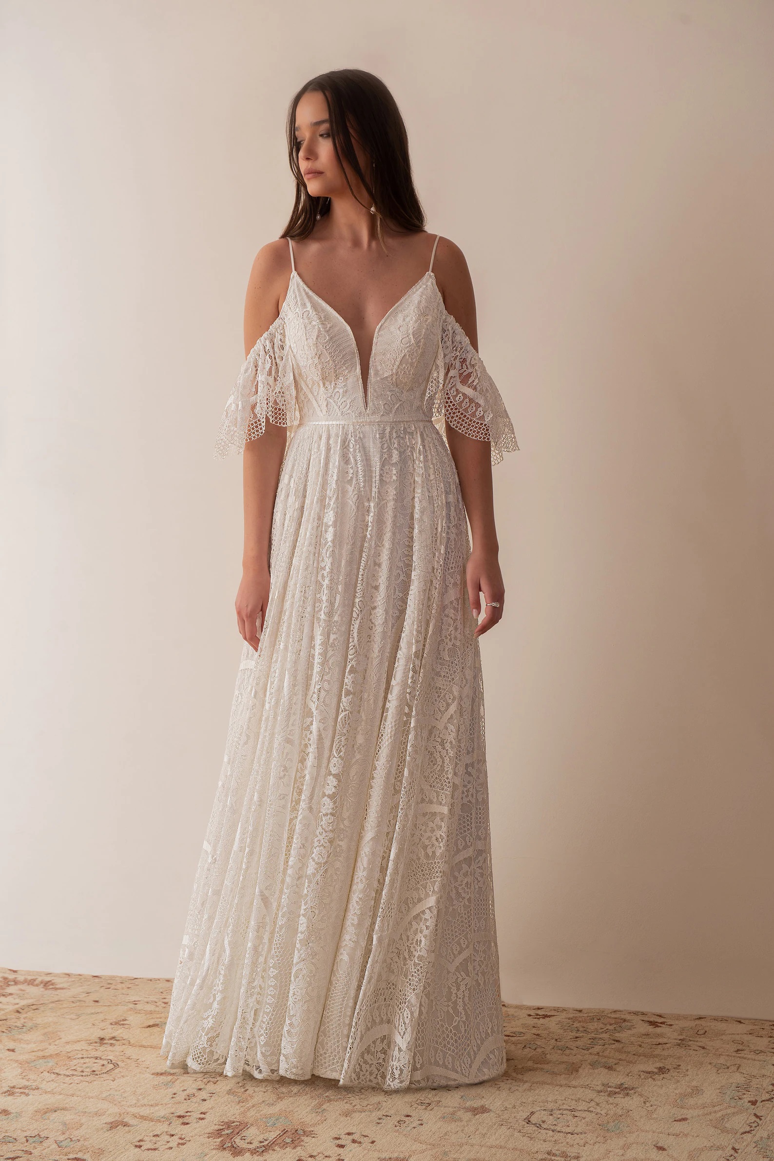 Boho Wedding Dress Bridal Gown V-Neck Backless Lace Applique A Line Sheer  Custom | eBay