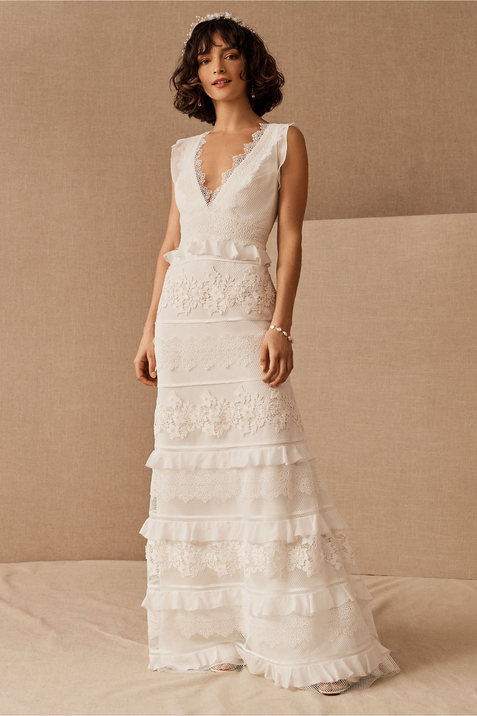 allover lace column boho wedding gown