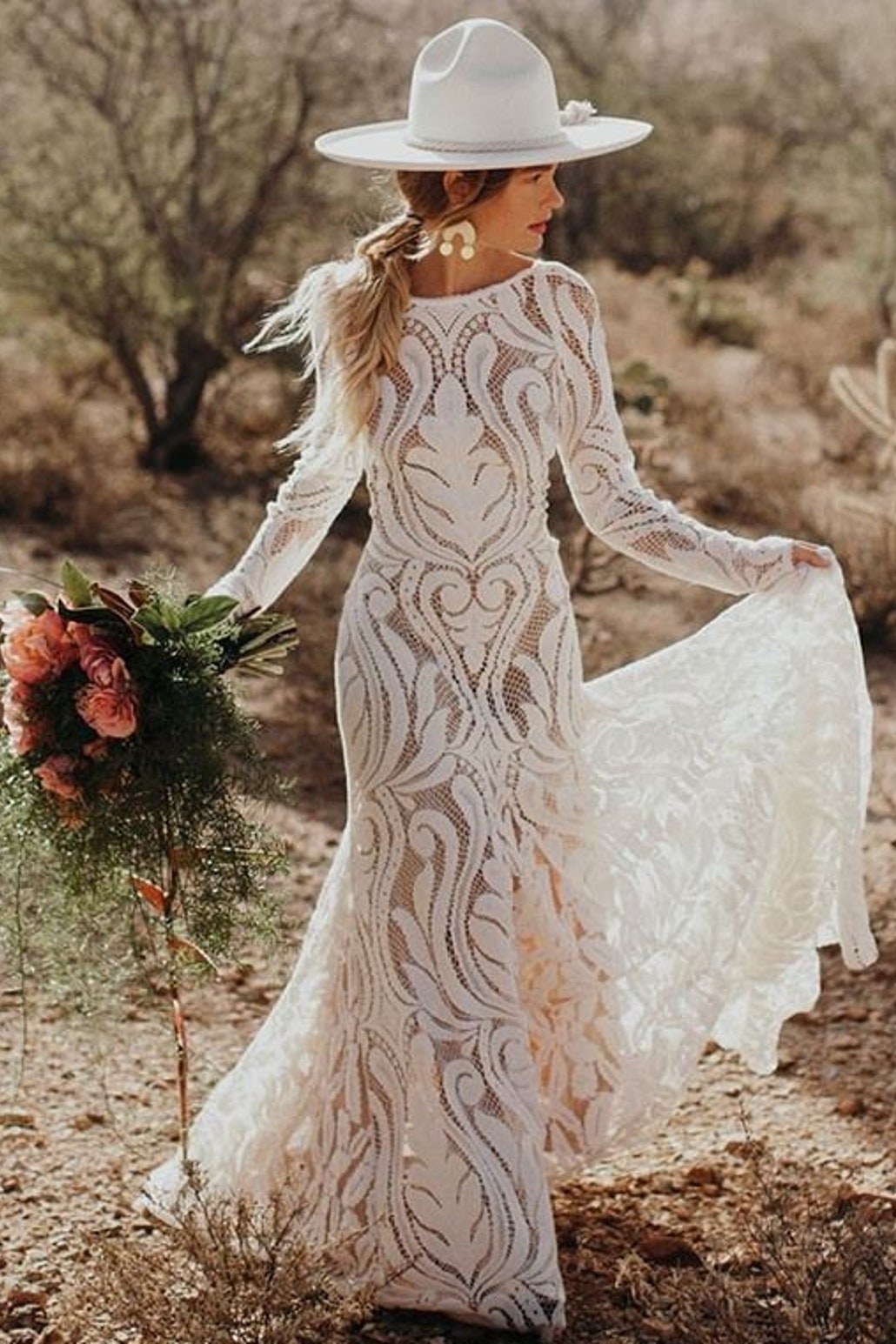 backless boho wedding dress with long sleeves