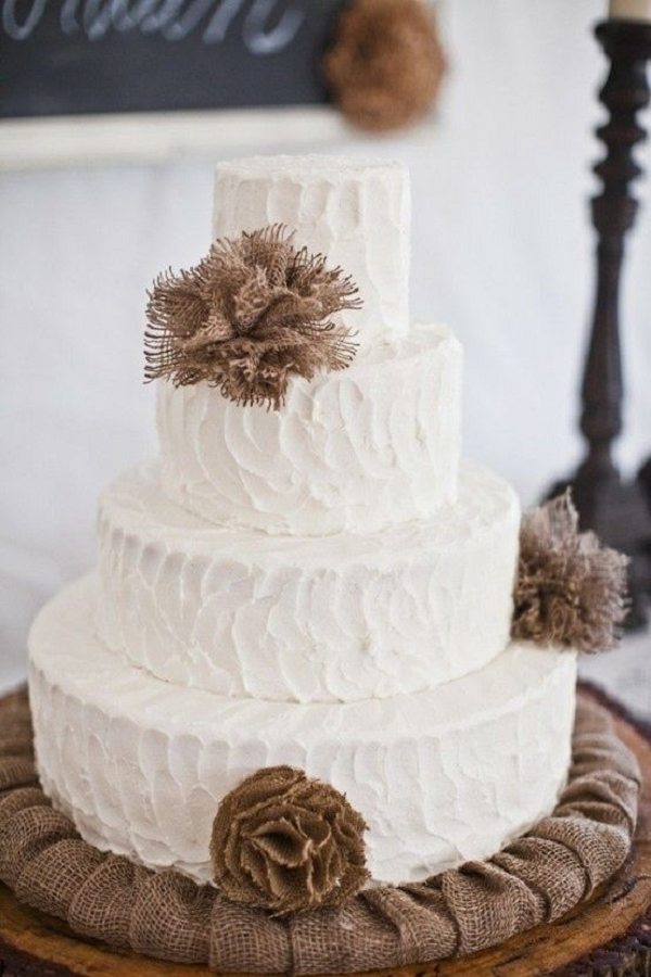 30 Burlap Wedding Cakes for Rustic Country Weddings 25 buttercream wedding cake with pretty burlap rosettes