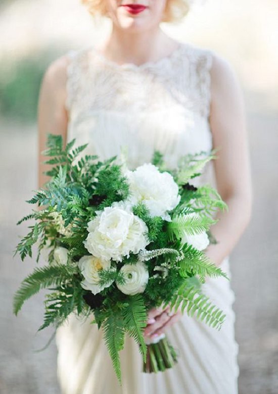 emerald and white-toned wedding bouquet with ferns