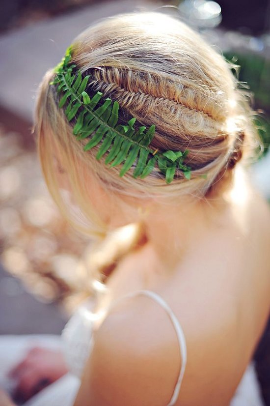 fern hair accessory and braid wedding hairstyles