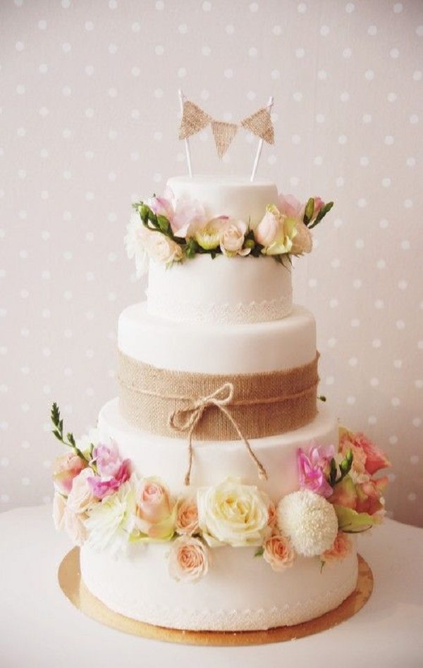 garden burlap wedding cake with pastel flowers