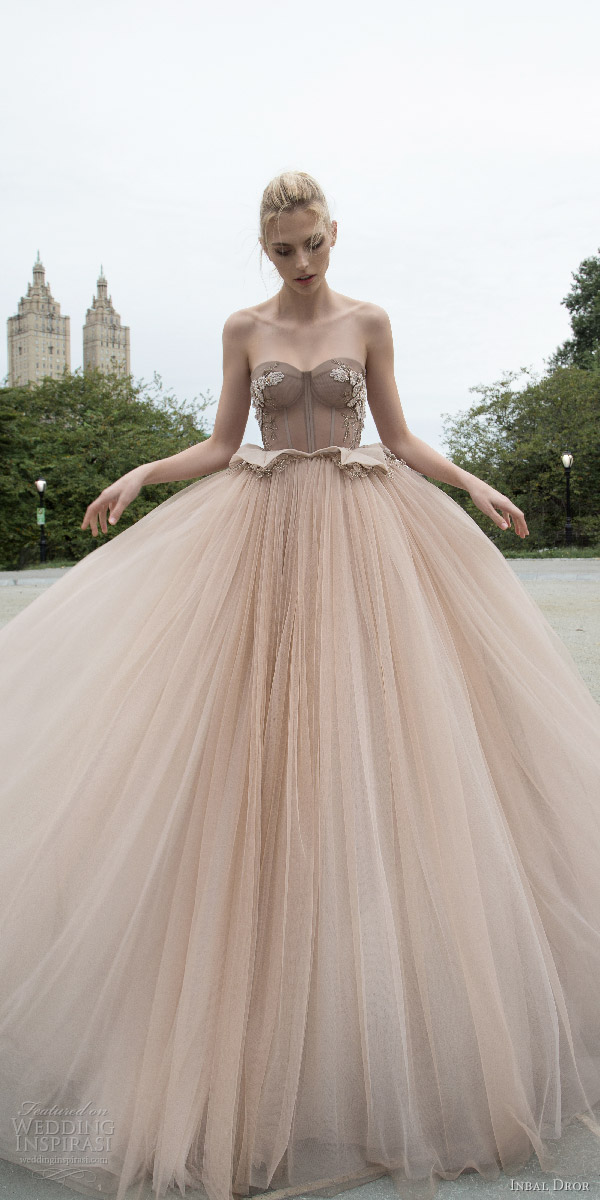 inbal dror 2016 wedding dress with strapless sweetheart corset ball gown wedding dress embellished bodice peplum taupe color style 04 mv