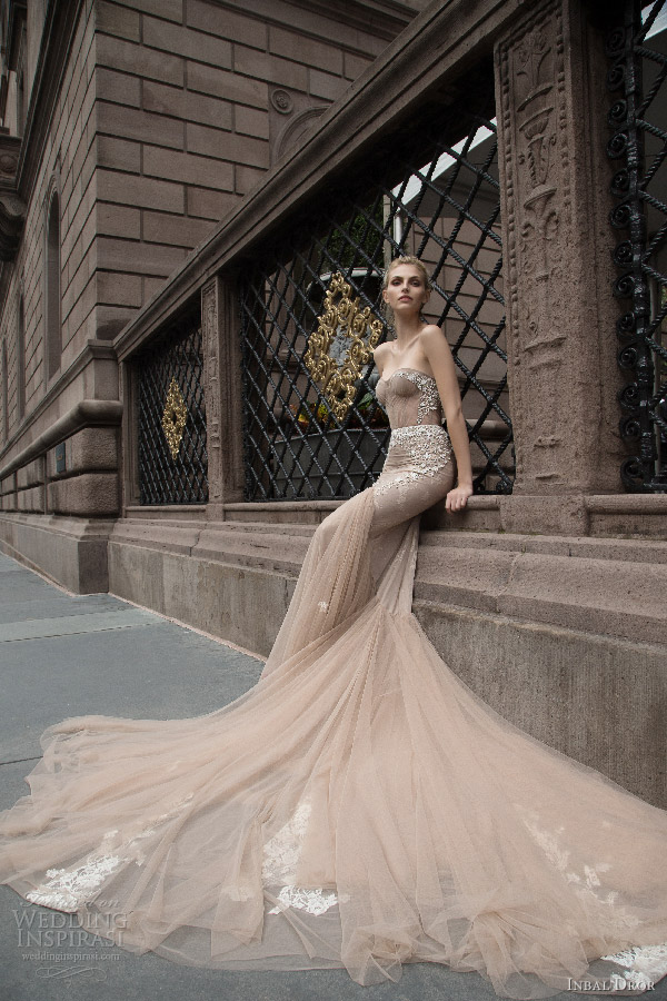 inbal dror 2016 wedding dress with strapless sweetheart fit flare mermaid wedding dress taupe color train style 05 1
