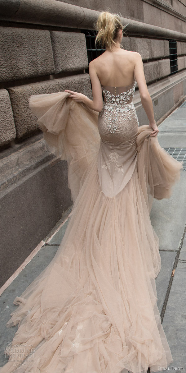 inbal dror 2016 wedding dress with strapless sweetheart fit flare mermaid wedding dress taupe color train style 05 bkv