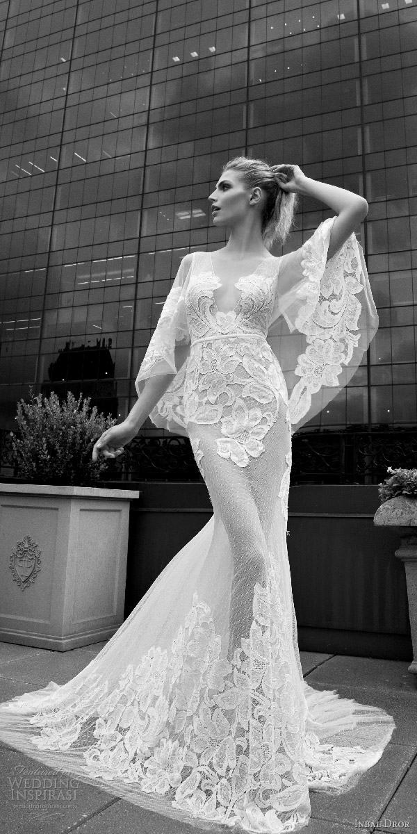 inbal dror 2016 wedding dress with v neck flutter sleeve trumpet sheath lace wedding dress sheer skirt style 12 mv