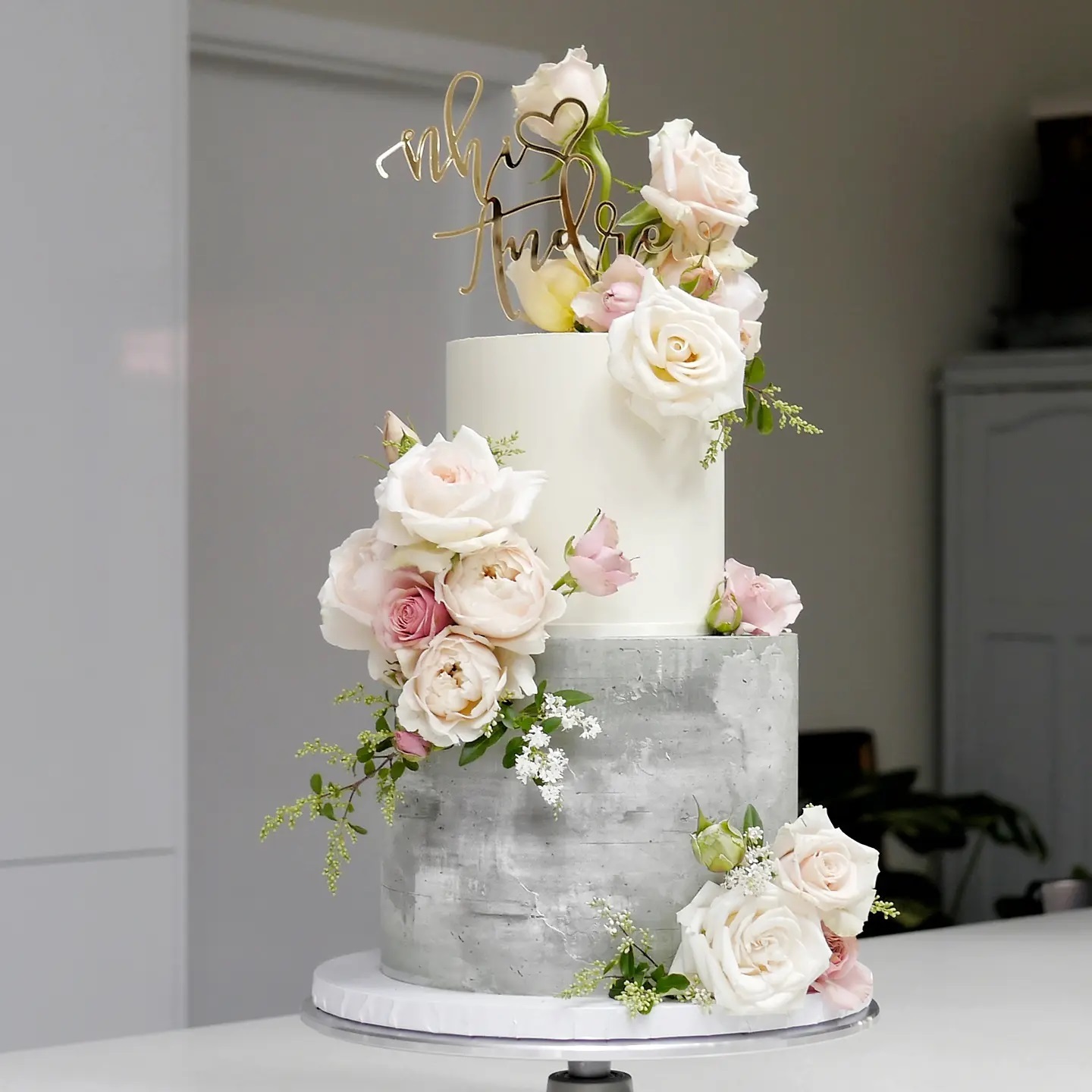 romantic modern grey and pink wedding cake via alcakemy