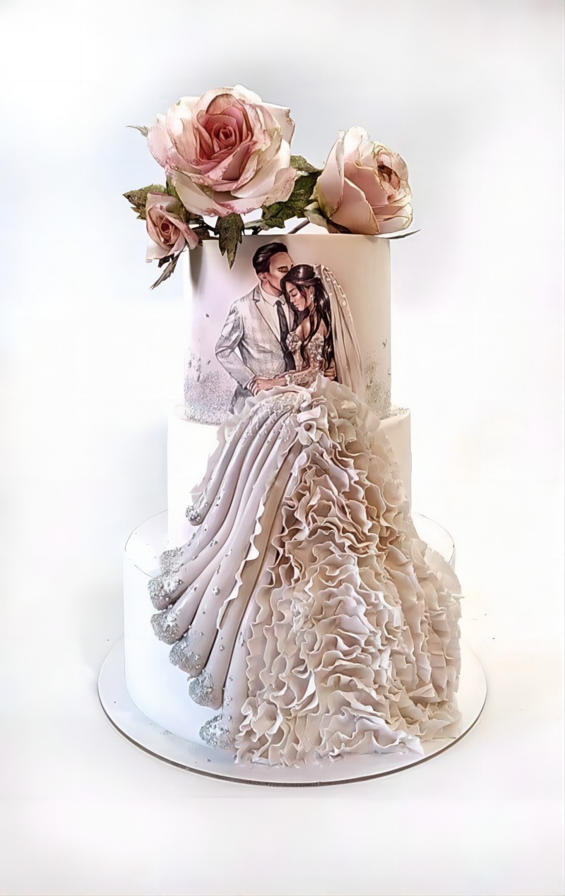romantic two tier ruffed 3d bridal dress wedding cake