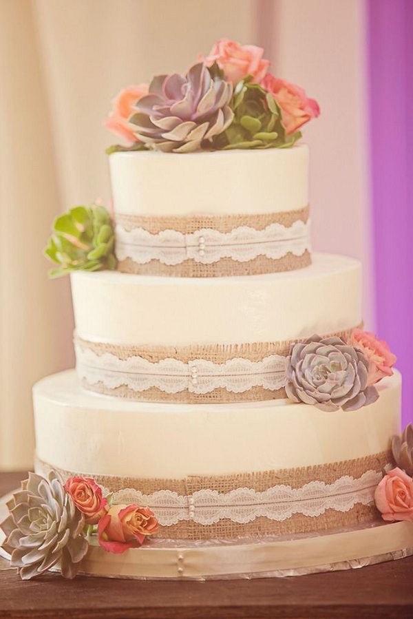 rustic wedding cake with burlap and succulent