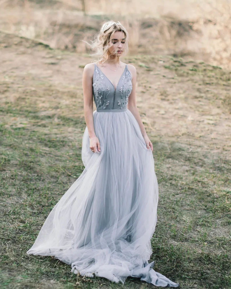 Blue and gray beach wedding gown