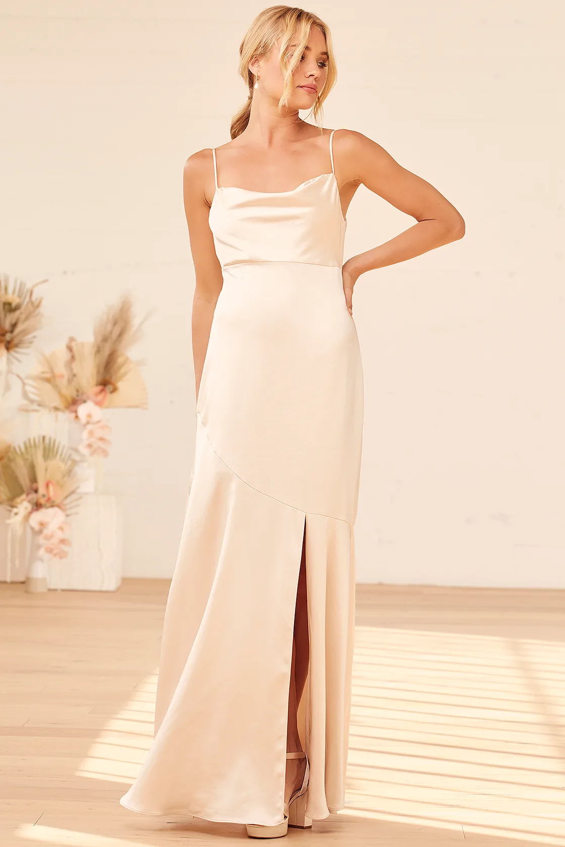 Champagne Satin Cowl Neck Simple Wedding Dress