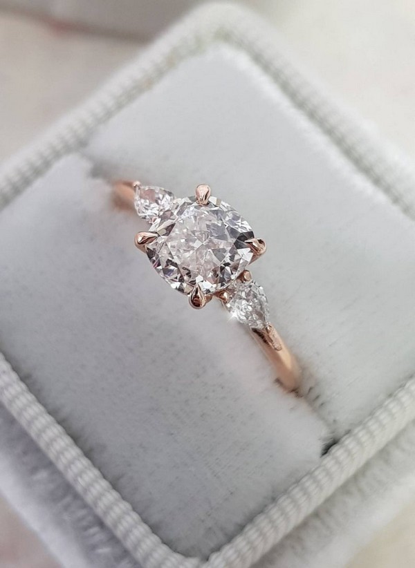 Cushion Cut with 2 Pear Shape Diamonds Rose Gold Engagement Ring