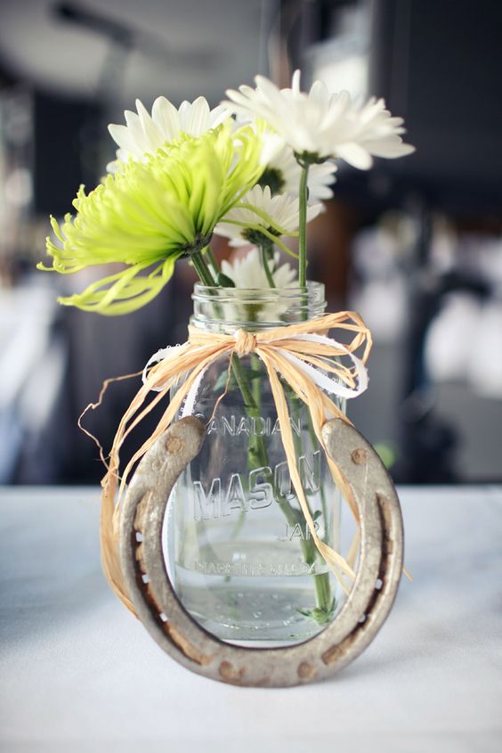 Mason jars and Horseshoes farm country wedding centerpiece