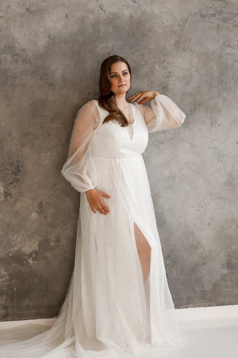 Plus Size Bohemian Long Sleeve Wedding Dress with Pearls