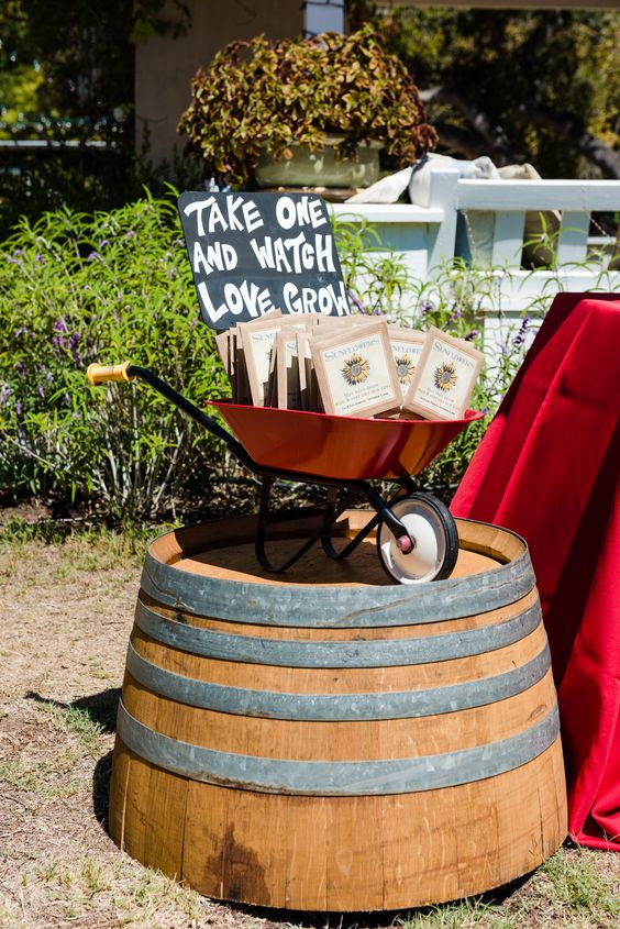 Sunflower Seed Wedding Favors in Wheelbarrow