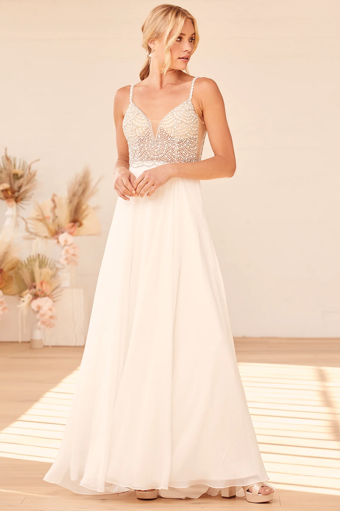 White Beaded Rhinestone Vneack Wedding Dress