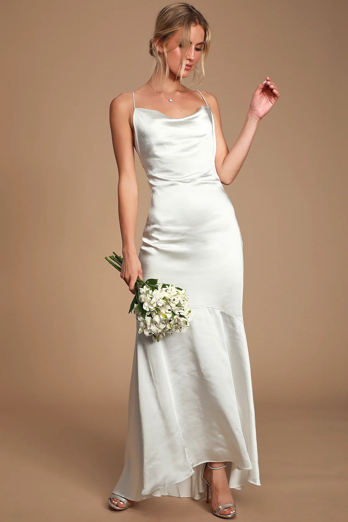 White Satin Cowl Neck Maxi Casual Wedding Dress