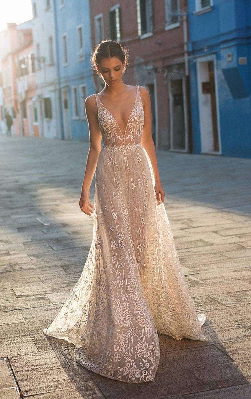 beach wedding dresses a line v neckline lace gali karten